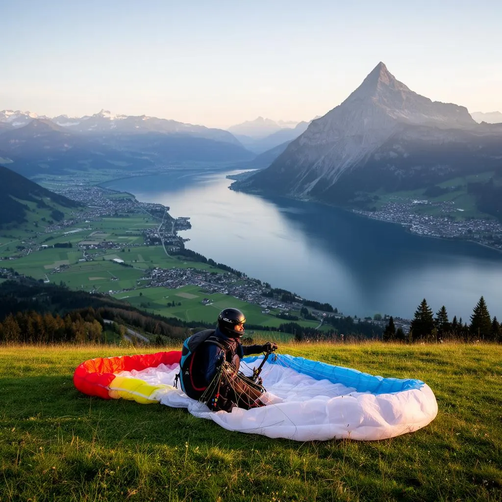 Paragliding launch site above Interlaken with Lake Thun in the distance